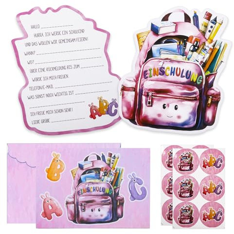 Qaziuy 12 Stück Einschulung Einladungskarten Mädchen Rosa Einschulung Einschulung im süßem Schultaschen Design,Einschulung Schulanfang für Schulkind Mädchen Einschulungsfeier