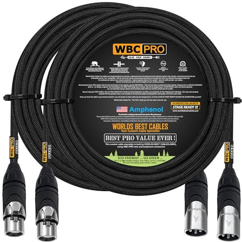 WORLDS BEST CABLES 2 Units - 8 Meter - WBC-PRO-QUAD Ultra-Silent Ultra-Flexible Balanced Star-Quad Cable with Amphenol Male & Female XLR Plugs & Black Tweed Jacket