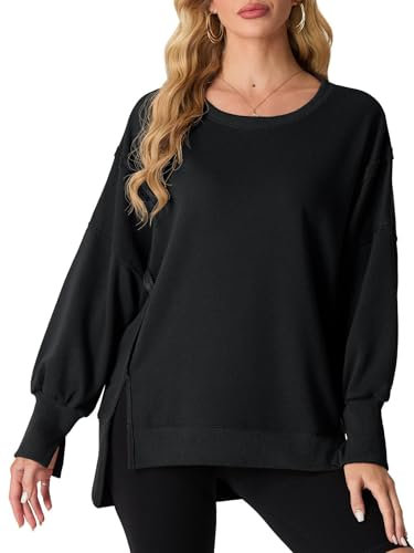 QIXING Damen Pullover Oversize Sweatshirt Rundhals Baumwollpullover Langarm Pullover Tops Herbst Mode Outfits 2024 Asymmetrischer Saum mit Seitenschlitz (Schwarz, XL)