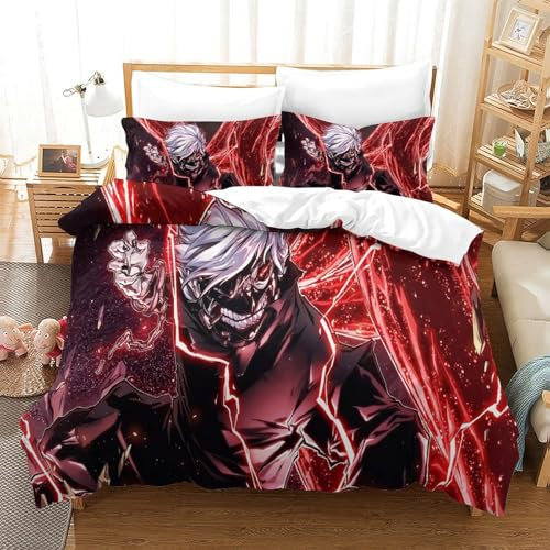 Rochile Tokyo Ghoul Bettwäsche Mikrofaser-Polyester Bettwäsche Set Für Mädchen Jungen 3D Druck Bettbezug Kissenbezug Dekoration Mit Reißveschluss Double（200x200cm）