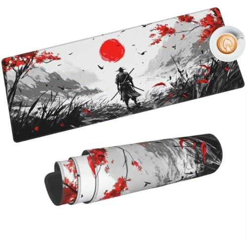 Japanese Mouse Mat Large Desk Mat 35.4 x 15.7 Inch, Samurai Mouse Pad Gaming Mousepad, Waterproof Keyboard Mat, Durable, Soft, Non-Slip Rubber Base Mouse Mats for Desk Office Gaming Home Decor -304HDM