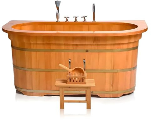 Vasca da bagno rustica in legno naturale con rubinetto, vasca autoportante per adulti e bambini, include panca esterna e paletta per l'acqua
