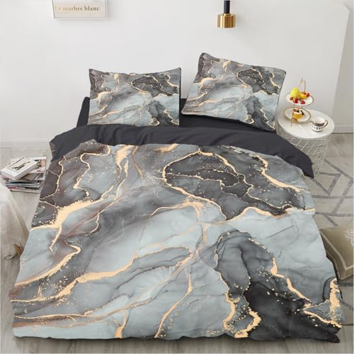 Gezu 3D Marmor Bettwäsche Grau 135x200 2er Set Aesthetic Gold Marmor Bettwäsche Set Microfaser Luxus Modern Bettbezug Set mit Metallic-Glitzermuster Wendebettwäsche mit Reißverschluss und 1Kissenbezug
