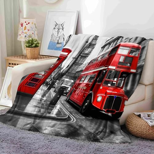 Stadt London Doppeldeckerbus Rot Flanelldecke Kuscheldecke Grau 70x100 cm Super Soft Weich Wohndecke Warm Flauschig Decke Sofadecke oder Tagesdecke, Wohndecke für Erwachsene und Kinder Geschenk