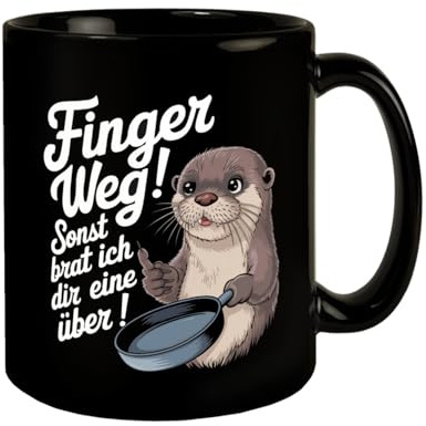 Otter mit Pfanne - Finger weg Tasse Schwarze KaffeeTasse mit niedlicher Otter-Illustration voller Humor - Finger weg