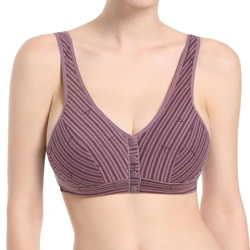 Comodi Reggiseni in Cotone con Chiusura Frontale con Bottoni per Anziani, Senza Ferretto Reggiseno Senza Spalline Seno Grande Coppe Adesive (Purple, F)