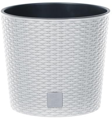 B2C Round Planter Plant Flower Pot Outdoor Garden Weatherproof with Insert Rattan Look Plastic Indoor Outdoor Patio Home Decor (White, 25cm - 7.5 Litres)