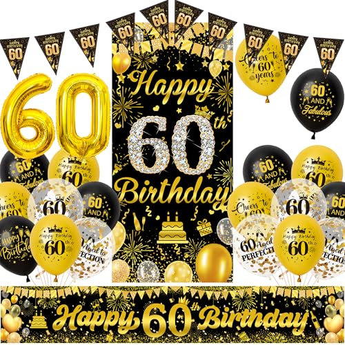 Xietaea Deko 60 Geburtstag Mann Frau - Schwarz Gold 60 Jahr Geburtstagsdeko Banner Luftballons und Wimpel, Stoff Hintergrund XXL Zahlen Ballons für 60 Geburtstagsfeier Dekoration