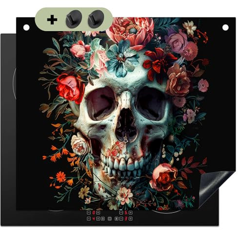 KitchenYeah© Herdabdeckplatte 60x52 cm Einteilig Abdeckplatten Cerankochfeld Abdeckung Ceranfeld Herdplattenabdeckung Induktionsmatte, Spritzschutz Totenkopf - Blumen - Rosa