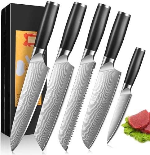 BILLION DUO Chef Knife Set 5PCS, Kitchen Knife Set Carbon Steel, Professional Steel Sharp Chef's Knife Set with Non-Slip Ergonomic Handle, Gifts for Mom/Dad, Black