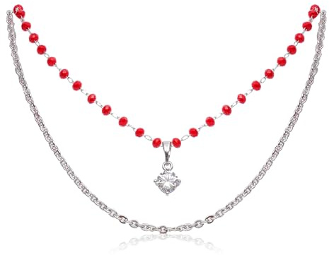 Generico Collana Donna a Doppio Filo con Perline Rosse e Punto Luce Brillante – Collana Elegante Argento 35+5cm Regolabile – Impermeabile – Idea Regalo Donna