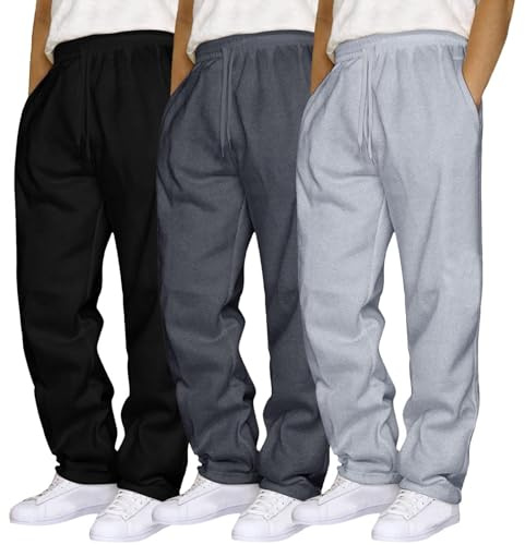 3 Pack Mens Straight Leg Sweat Pants with Pockets Baggy Men Plain Jogging Bottoms Joggers Fleece Pants Gym Sports Trousers Mens Open Hem Jog Pant Drawstring Tracksuit Bottoms Loose Fit Work Trousers