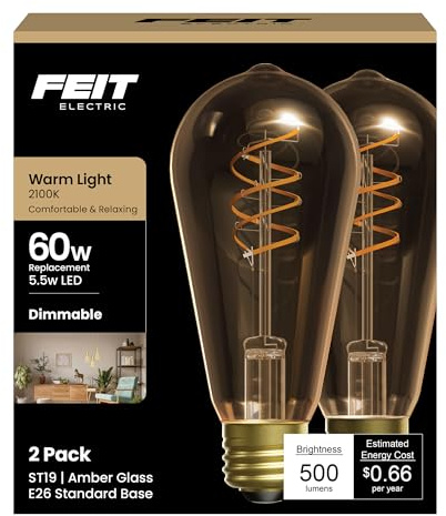 Feit Electric ST19 Vintage LED Light Bulb, 60W Equivalent, 2100K Warm Light, Spiral Filament, Amber Glass, Dimmable, Decorative Edison Bulb for Home or Commercial Use, ST1960S2D/821FILVG/2, 2 Pack