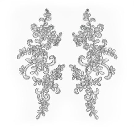 Giltnio Flower Lace Appliques Silver 3D Floral Embroidery Lace Patch Sewing Embellishments for Wedding Gown Dress Bridal DIY Crafts (2 PCS)