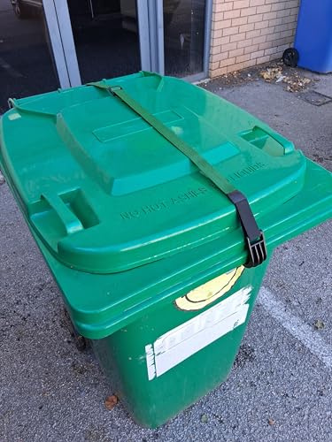 OasisBinStrap x 1. (GREEN) Stops wind blowing wheelie bin lid, keeps out animals and deters neighbours from putting their rubbish in your bin. Easy to fit, no drilling, and easy to operate..