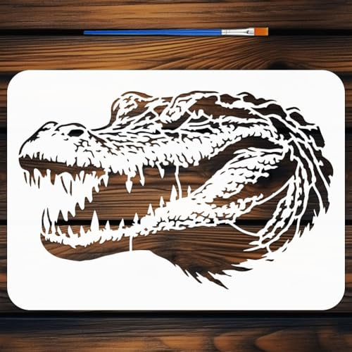 FINGERINSPIRE Krokodilkopf Schablone Mit Pinsel 21x29.7cm Wiederverwendbare Alligator Krokodil Malvorlage Tiermotiv Vorlage Zum Bemalen von Holz Wänden Stoffen Möbeln DIY Heimdekoration