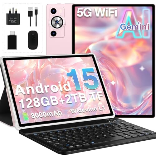 DEERTiME Tablet 10 Inch Android 15, 30GB RAM+128GB ROM(TF 2TB), Gemini AI, GMS, 8000mAh, Face ID, Octa Core 2.0GHz/BT5.0/GPS/Widevine L1/8MP+5MP/Widgets/5G WiFi Tablet with Keyboard & Mouse - Gold