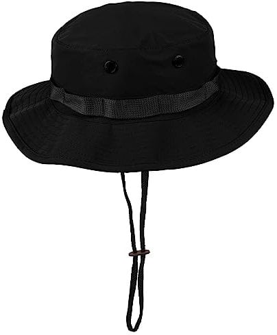 Outdoor Boonie Hat für Damen & Herren - wasserdichter Anglerhut mit Belüftung & Kordel - atmungsaktiv & größenverstellbar - Sonnenhut L Schwarz