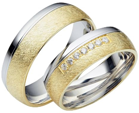 JC Trauringe 925er Sterling Silber Gold Plattiert Paarpreis I Ehe-Ringe bi-color mit kostenloser Gravur I Verlobungsringe 7 mm breit inkl. Etui-Box I Damen-Ring mit 7 Steinen I Gr. 45 bis 75 I LC01