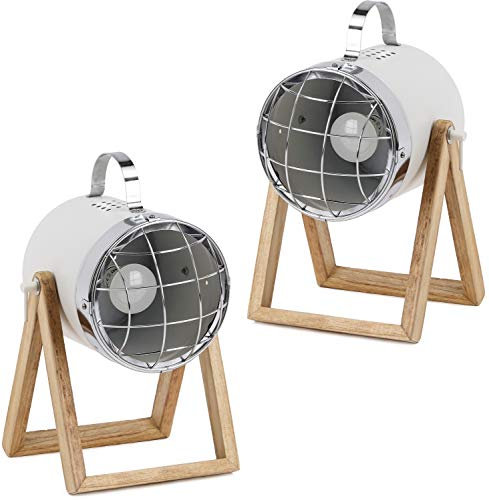 BRUBAKER 2er Set Tisch- oder Bodenlampen Strahler Industrial Design - bis 42 cm Höhe - Fuß aus Holz - Scheinwerfer Metall Weiß