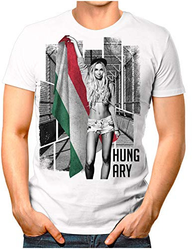 OM3® - Hungary-Soccer-Girl - Herren T-Shirt Fan Support Fußball Trikot Sexy Frau Ungarn Magyarország Vintage Weiß XL