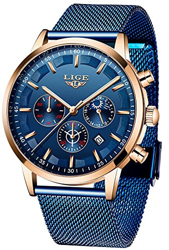 LIGE Herren Uhren Wasserdicht Chronograph Analog Quarz Mondphase Kalender Blau Edelstahl Armbanduhren für Herren