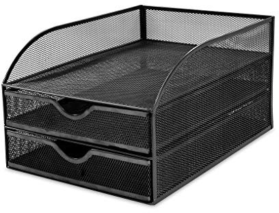 OSCO Black Wiremesh 2 Drawer Sorter with Letter Tray | A4 | Drawers | Desk Tidy | Document Storage | Paperwork Organiser | File Holder | H18.5 X W25 x D34.2 cm