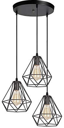 iDEGU 3 Lampen, Kronleuchter, Hängeleuchte, Industriell, Deckenleuchte, Retro, aus Metall, Hängeleuchte, Lampenschirm, Käfig, E27, Deckenleuchte, für Wohnzimmer, Esszimmer, Küche – Ø 20 cm, Schwarz