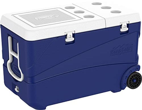 Duramax Deluxe Icebox 102 High performance cool box with PU Insulation, Icebox with ergonomic handles and wheels for easy mobility & handling, Cup holders on lid, Cooler box, Blue