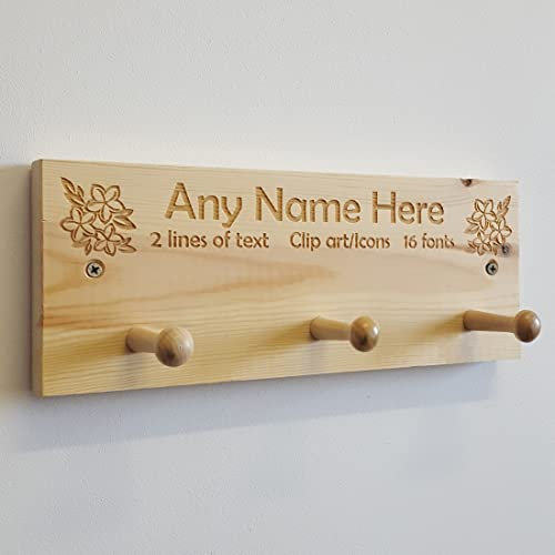 Cutncraft Designs Personalised Shaker Peg Rail - Personalized Wooden Coat Hooks with Laser Engraved - Add Your Text and Clip Arts 30 x 12cm (11.8 x 4.7)