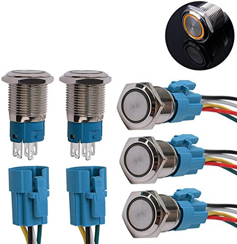 JIQI 5× 16mm 12V bis 24V 3A Verriegelung Druckschalter Metall Rastend EIN/AUS Schalter mit LED Licht IP66 1NO1NC Selbsthemmend wasserdicht vorverdraht Druckknopfschalter für Van KFZ DIY Motorrad(Gelb)