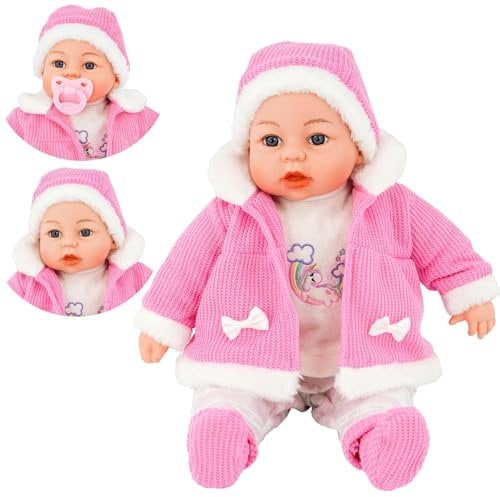 Bibi Doll - 18 Lifelike Large Soft Bodied Baby Doll With Dummy & Sounds Girls Boys Toy (Girl Doll In Pink Coat)