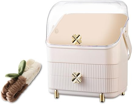 Galatée Tragbare Make Up Organizer Kosmetikbox Kosmetische Aufbewahrungs Box Mit Staubdichtem Deckel, Beauty Organizer Mit 2 Schubladen Und Tragegriff,Schublade Kosmetik,180°Drehbar (Weiß - C)