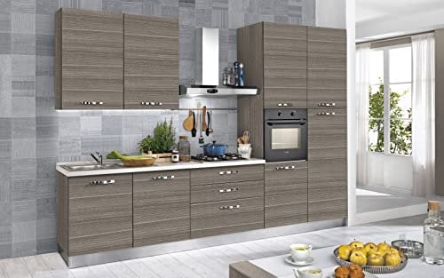 Cucina completa di elettrodomestici (forno, lavandino, cappa cottura) design lineare - effetto eucalipto grigio- Dimensioni: cm. 330 x 60 x 240- lavandino a sinistra