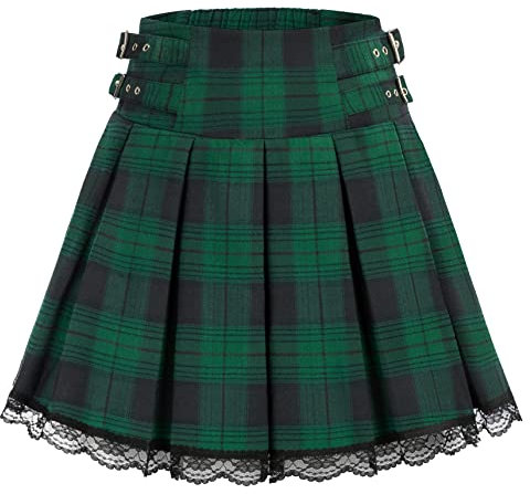 Damen Rock Steampunk High Waist A Linie Minirock Gothic Rock XL Grün Plaid