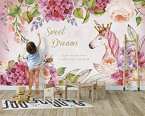 MUMUWUSG Wall Mural - 3D Print Pink Flowers Animals Unicorns Wallpaper Mural Self-Adhesive Non-Woven Photo Wall Art Mural Living Room Bedroom Office Murals Wallpaper 250X200Cm