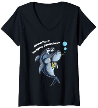Damen Lustiger niedlich Hai isst Taucher Pfaucher Welpfer Pfaucher T-Shirt mit V-Ausschnitt