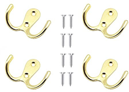 Yesmin 4 Pcs Double Prong Robe Hooks, Dual Coat Hooks Wall Mounted Hanging Clothes for Bathroom Bedroom Door Wall Retro Metal Cloth Hanger Double Coat Hooks with 8 Screws (Gold)