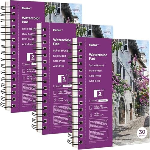 Funto Bloc De Papier Aquarelle 5,5x8,5, Lot De 3, 90 Feuilles (140 Lb/300 G/m²), Reliure À Spirale, Papier À Froid Double Face, Papier Épais Pour Peinture À L'aquarelle