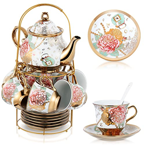 Zhehao Porzellan-Teeservice für Erwachsene, mit Metallhalter, hell, 20 | Europäisches Keramik-Teeparty-Set für Frauen, florale englische Teekanne, Tassen, Untertassen, Löffel, Vintage-Teeservice