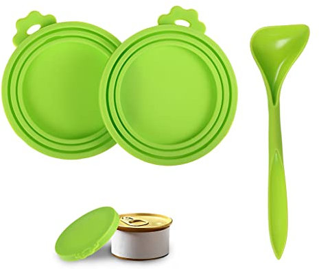 Tierfutter-Dosendeckel Katzenfutter 2 Stück mit Löffel, Silikon Hundefutterdeckel für Dosen für, 3 in 1 Universal Dosendeckel für Katzenfutter Hundefutter, BPA-frei, Haustier Futteraufbewahrung(Grün)