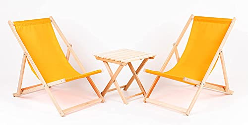 SET 2x Lounger + table TRADITIONAL Line Liegestuhl Sonnenliege Klappbar, Gartenliege Rückenlehne verstellbar leicht klappbar Garten Balkon Strand Holzklappstühle Naturholz Lounger (Yellow)