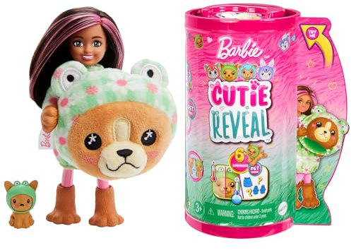 Barbie Coffret Cutie Reveal Avec Poupée Chelsea Aux Cheveux Châtains Et Mèches Roses, Chiot Déguisé En Grenouille, 6 Surprises Et Accessoires Inclus, Jouet Enfant, A Partir De 3 Ans, HRK29