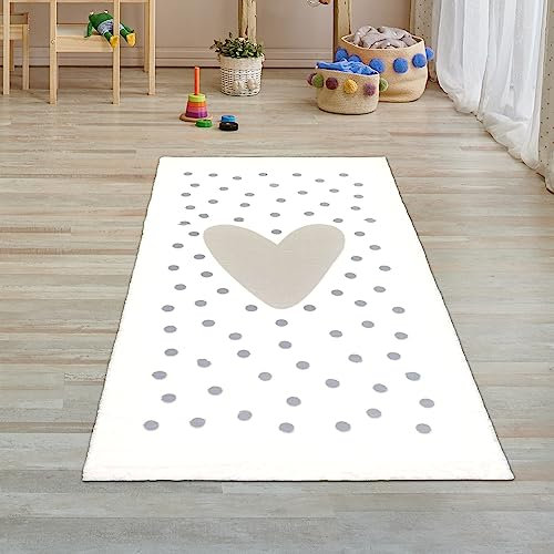 Teppich-Traum Kinderteppich Teppichläufer Spielteppich Herzen Punkten weich pflegeleicht in Creme, grau 80 x 150 cm