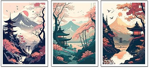DKORARTE Lot de 3 tableaux avec base en bois, décoration de salon moderne, chambre orientale, japonaise, chinois avec crochets métalliques (29 x 20 cm chaque tableau)