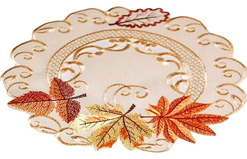 Espamira Deckchen Herbst Rund 40 cm Blätter Tischdecke Creme Orange Mitteldeckchen Untersetzer Bestickt Aufleger Decke Stoff Pflegeleicht