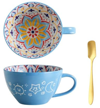 Xfeyaqlo Ciotola Colazione Ceramica, Tazza Colazione Grande, 500ml Ciotola Avena, Tazze Caffe (Fiori Blu)