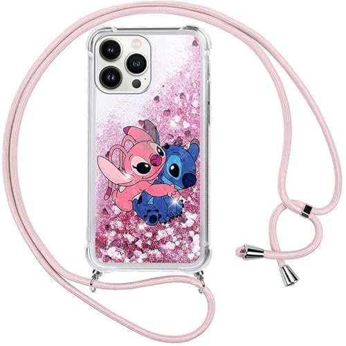 LYUBFDC Handykette für Apple iPhone 11 6,1 Hülle mit Band, Glitzer Treibsand Handyhülle mit Kordel zum Umhängen Stitch Motiv Mädchen Frauen Schutzhülle für iPhone 11, Rosa1