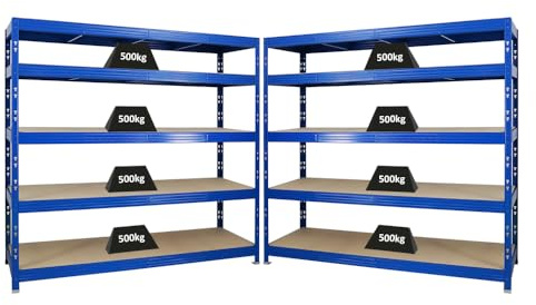 PROREGAL Mega Deal | 2X Profi Schwerlastregal Rhino | HxBxT 180x200x60cm | 5 Spanplatten-Ebenen 8mm | Fachlast 500kg | Blau | Garagenregal Lagerregal Steckregal Weitspannregal