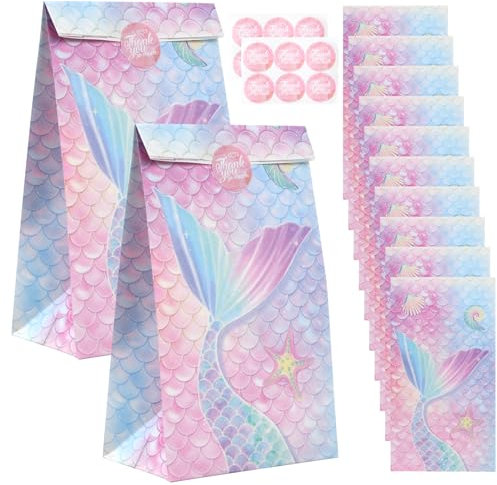 Rapidbok 12 Stück Meerjungfrau Geschenktüten Papier mit 12 Aufkleber, Papiertüten Klein, Kindergeburtstag Geschenktüten, Partytüten Set, Candy Tüten zum Verpacken von Geschenken, Giveaways, Party